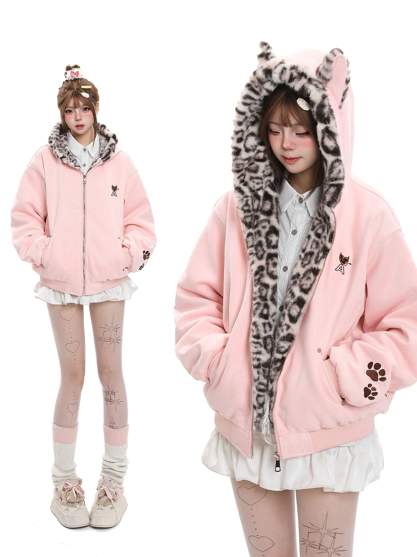 

American Sle Leopard Print Ear Hooded Cotton Jaet Women's Winter New Loose Inner Fce Warm Design Cotton Coat Outerwear