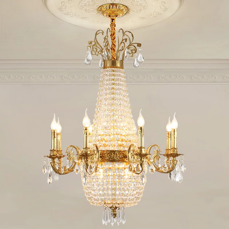 French Classic Brass Crystal Chandelier European Style Residential High Ceiling Living Room Copper Pendant Light