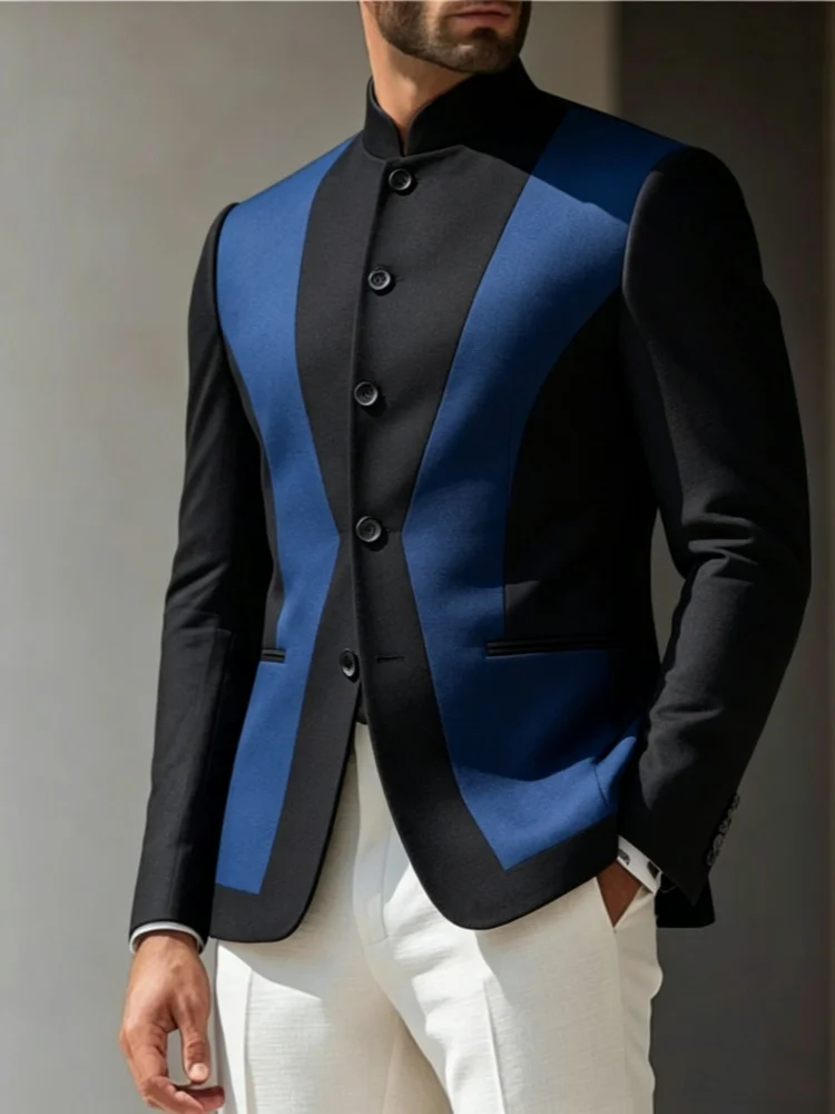 Mens Slim Fit Stand Collar Blazer Black and Royal Blue Color Block Design Outerwear