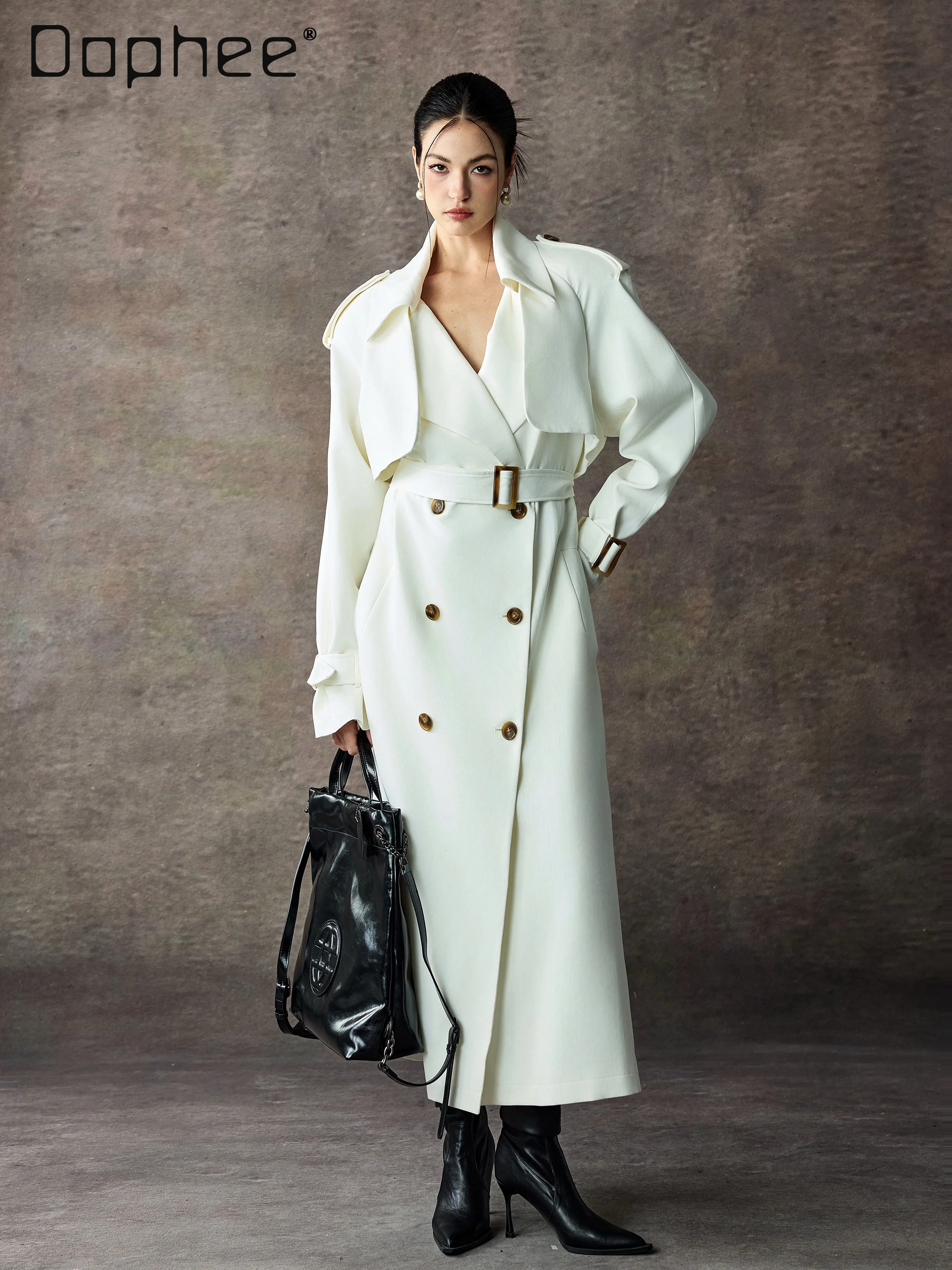 

Элегантный светский белый двубортный плащ во французском стиле с завязками на лацканах, женский осенний универсальный элегантный длинный плащ для поездок на работу