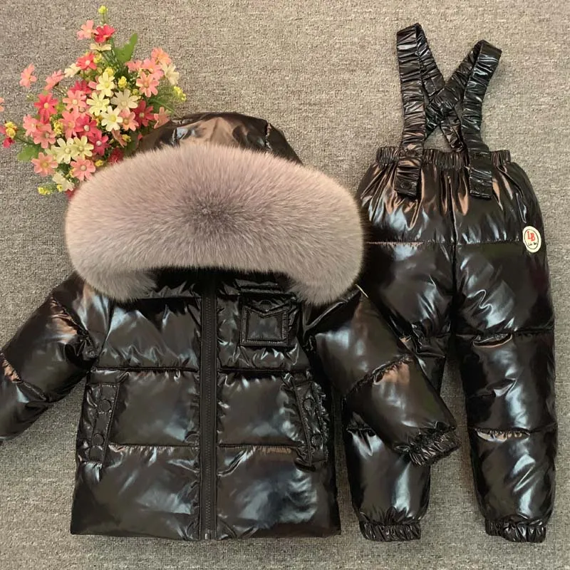 Winter Down Jacket Pants Real Fox Fur Hooded Parka Baby Overalls Warm Kids Coat Child Snowsuit Toddler Girl Clothes Set