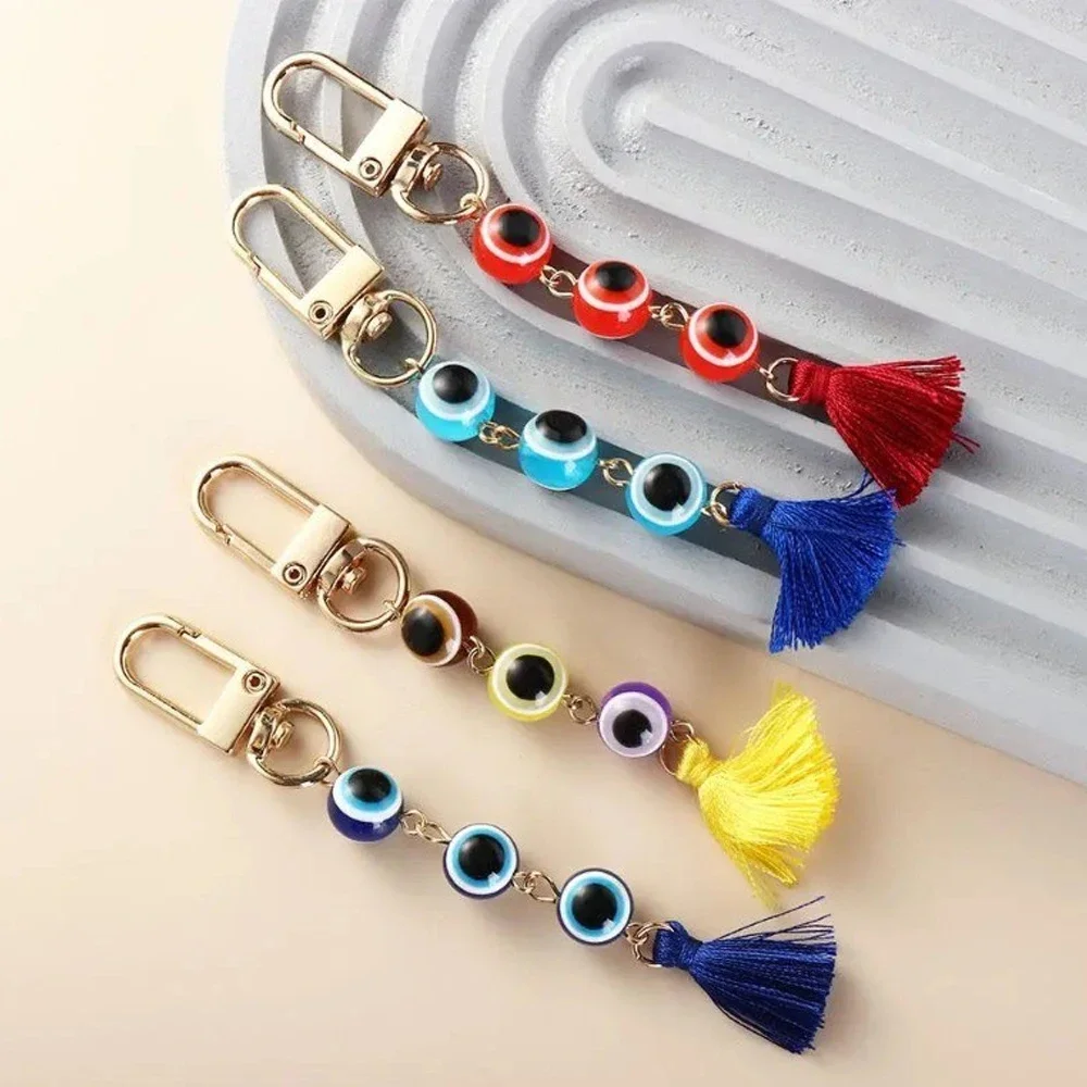 Lucky Turkish Evil Eye Keychain Blue Devil'S Eye Beaded Tassel Pendant With Key Ring Women Girl Earphone Case Bag Decor Ornament