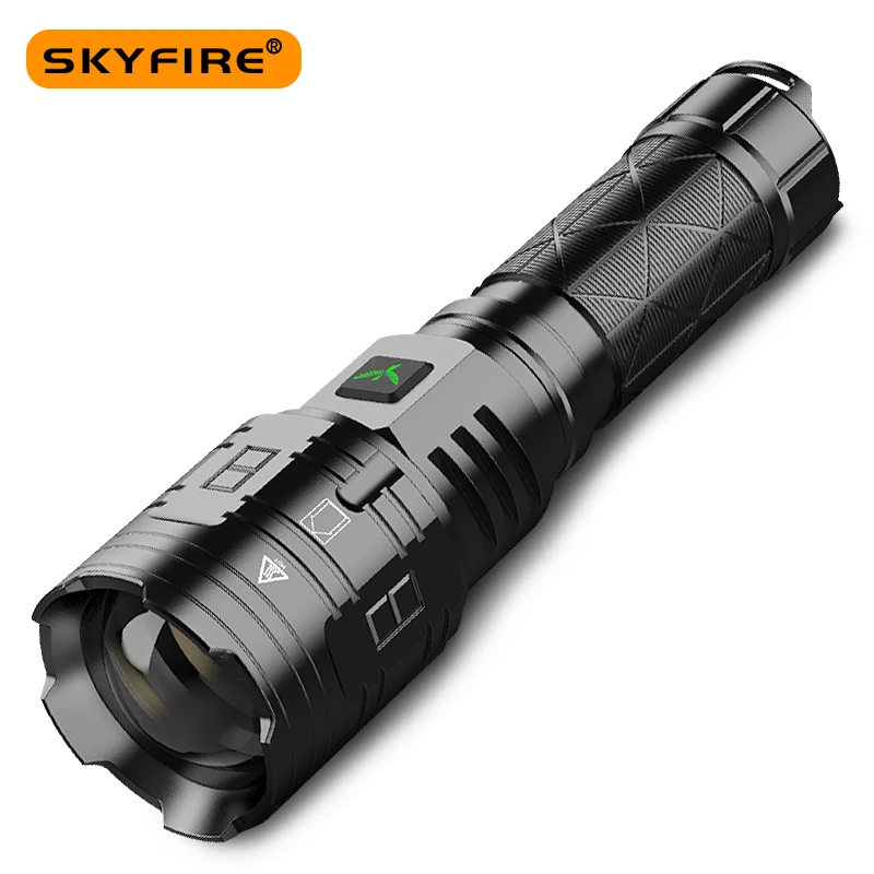 SKYFIRE 2022 P100 Ultra Bright Tactical 5 Mode Outdoor Zoomable Flashlight Waterproof LED Troch USB Type-c Charging SF-C365