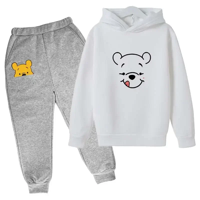 Disney Pooh Winnie Bear Hoodies Set Autumn Children Cartoon Hoodies Tops+Long Pants 2PCS Suit Kids Winnie-the-Pooh Outfits