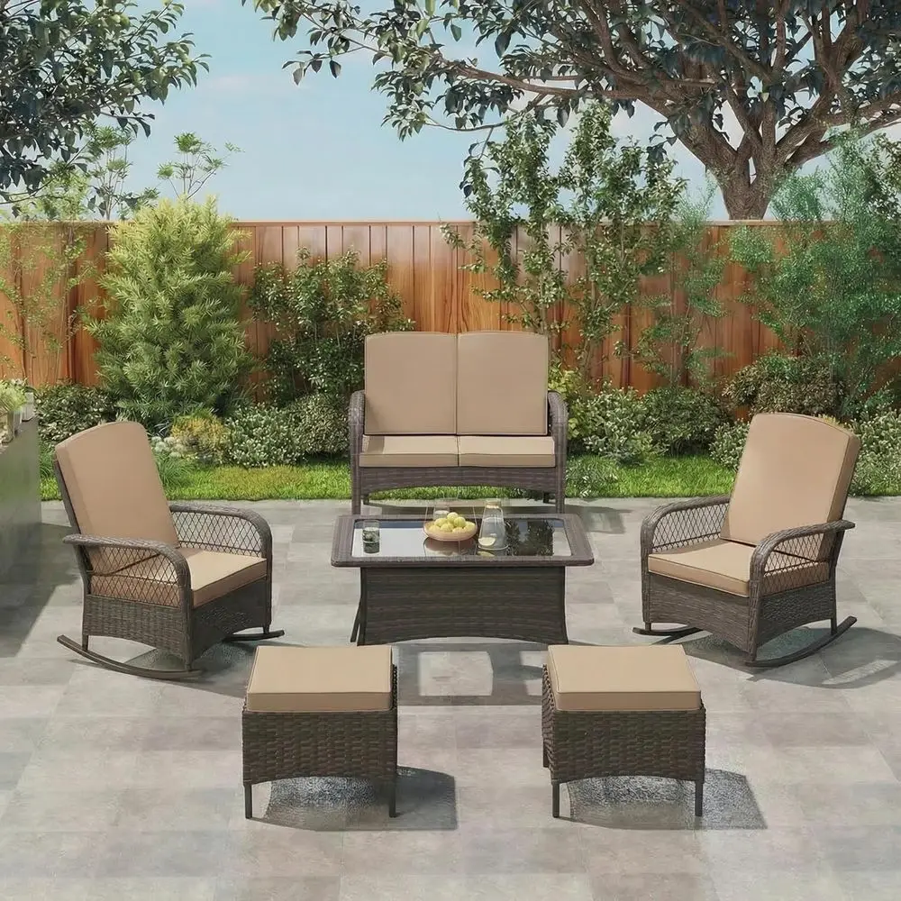 

7-Piece Outdoor Wicker Patio Furniture Set with Rocking Chairs, Table, and Ottomans for Garden, Bistro, Pool, or Backyard