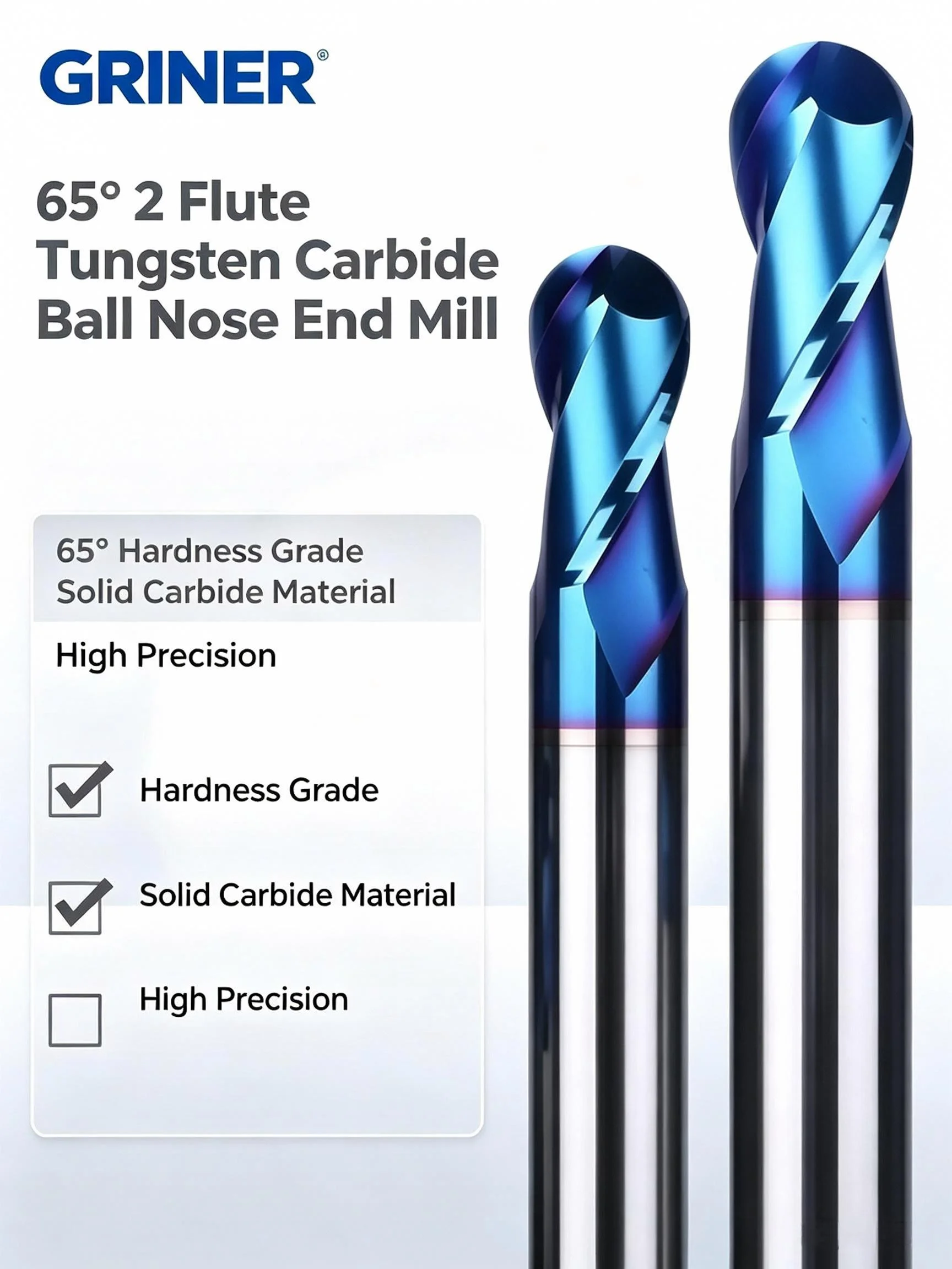 GRINER 65° 2 Flute Carbide Ball Nose End Mill Coated R4 Ball Milling Cutter for Stainless Steel CNC Cutting Tools