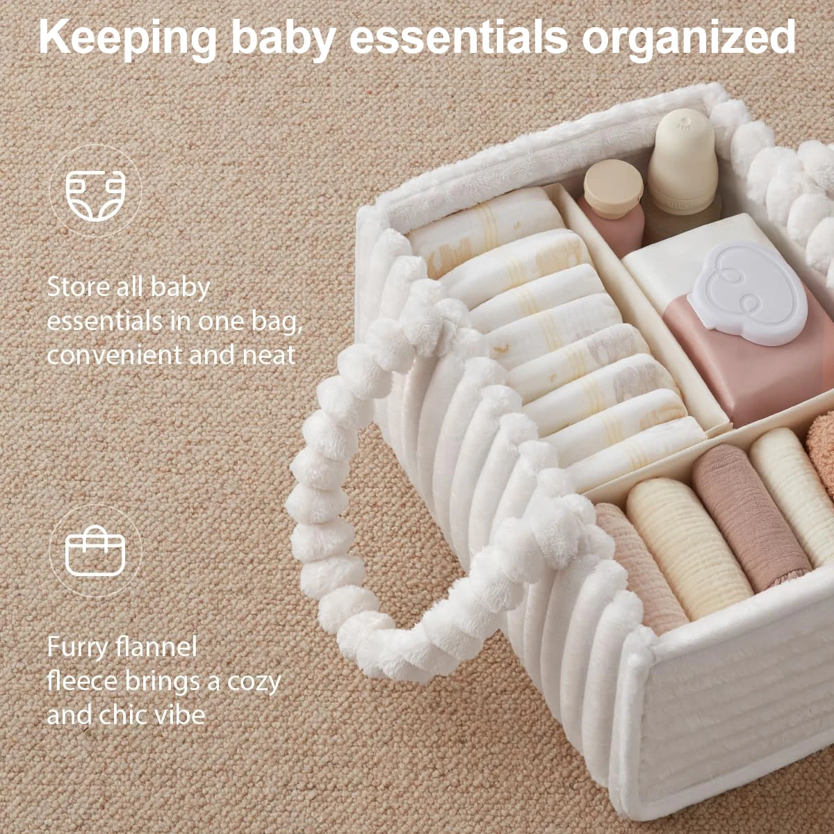 Flannel Diaper Caddy Organizer, Cozy Nursery Storage Basket, Gift for Baby Shower, Newborn Essentials, Cream Beige