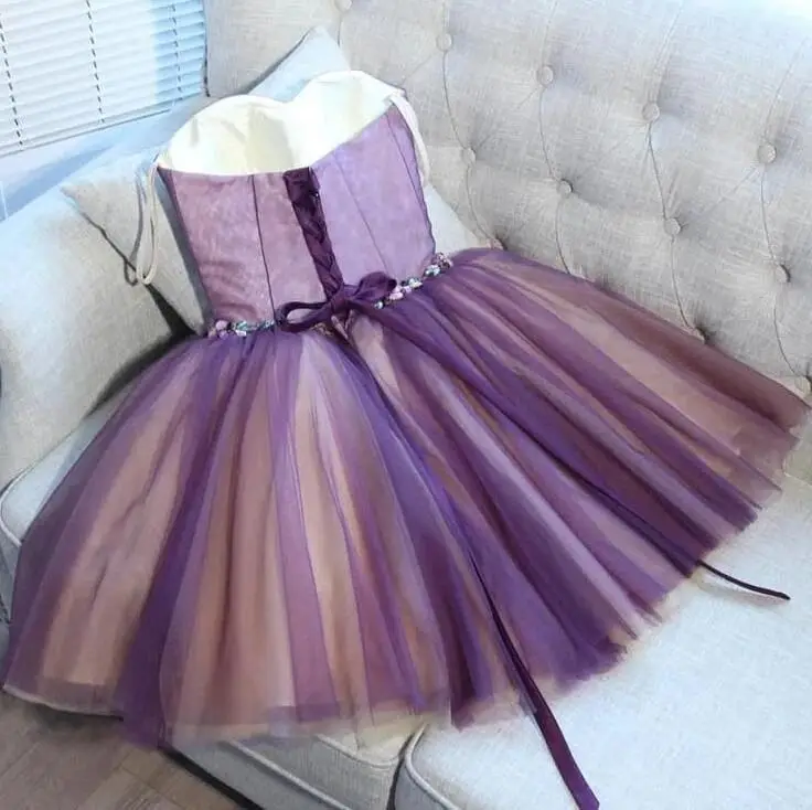 Short Prom Dresses Ball Gown Purple Champagne Contrast Color Sweetheart Tulle Formal Party Evening Gowns Women  Custom made