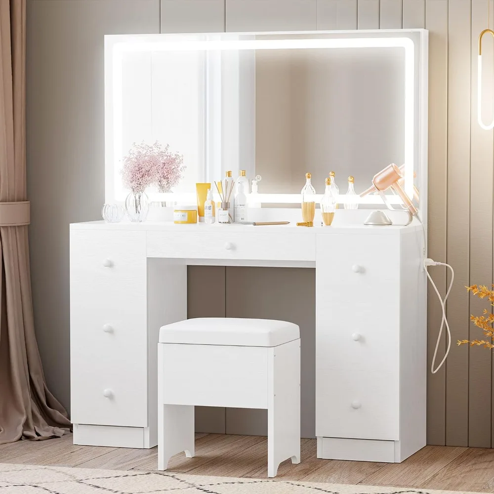 Vanity Desk Set with LED Lighted Mirror & Power Outlet, 7 Drawers Makeup Vanities Dressing Table with Stool, for Bedroom, White