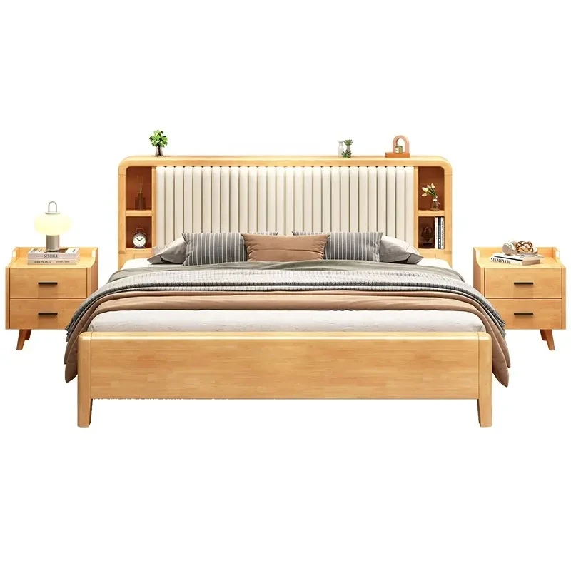

￥%Popular Nordic Style Solid Wood Bed Frame Bedroom Furniture Natural&Walnut Color King&Queen Wood Bed
