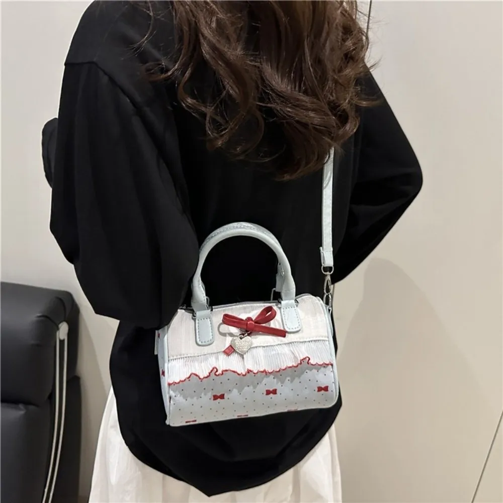 

All-Match Polka Dot Boston Handbag Bow Single Shoulder Crossbody Bowling Bag Korean Style Waterproof Small Square Bag Daily