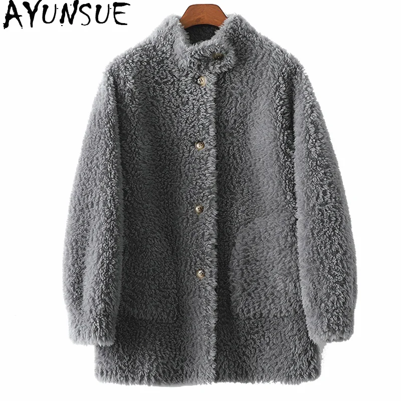 

AYUNSUE 100% Wool Coats for Women 2023 Autumn Winter Elegant Mid-length Sheep Shearing Jacket Standing Collar Roupas Femininas