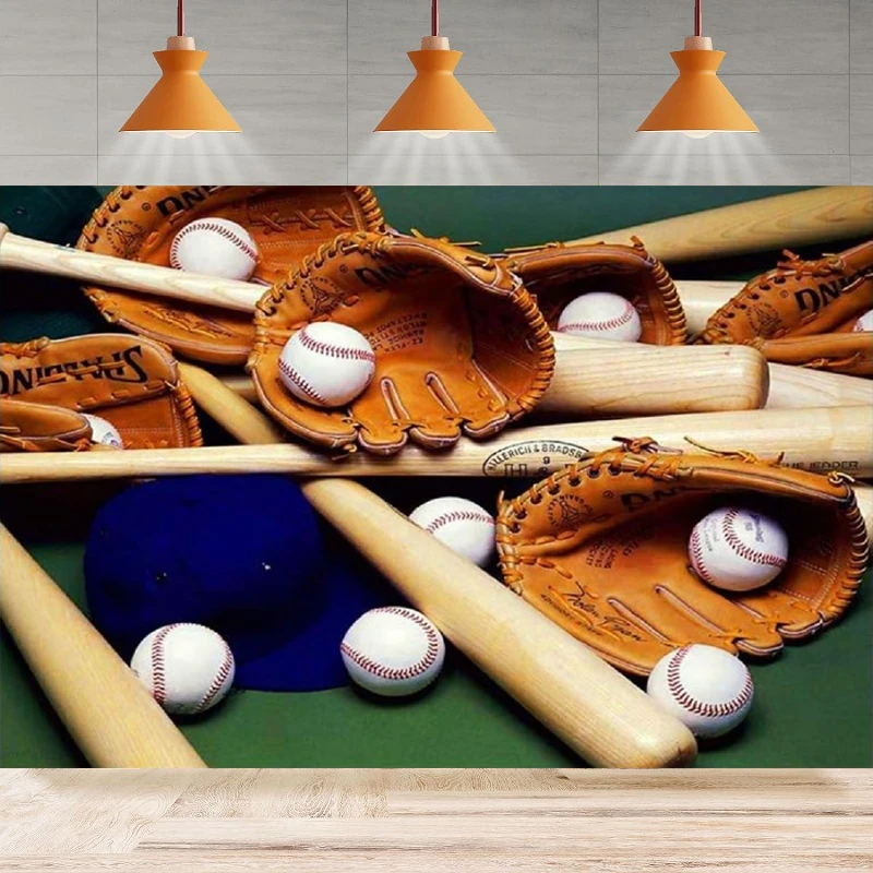 

Baseball Sports Equipment Photography Backdrop For Fans Party Decorations Blue Baseball Cap Brown Gloves Baseball Background