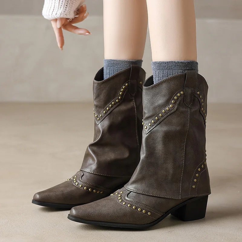 2024 Wasteland Style Vintage Trouser legs Western Boot Black Knee High Boots Women Brown Maillard Rivets Punk Winter Shoes