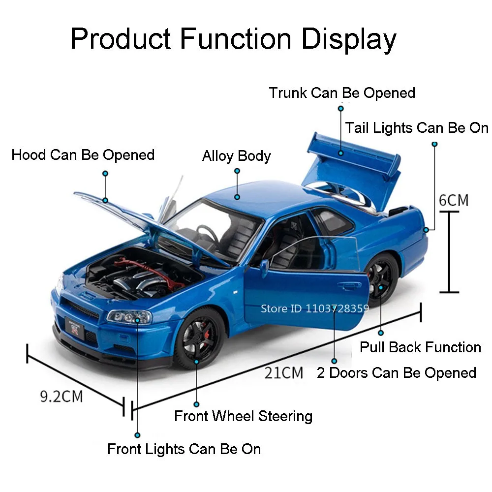 1:24 スカイライン GTR-R34 スーパーカーモデル ミニチュア玩具 合金ダイキャスト スポーツカー サウンドライト ドア開閉 プルバック 子供向けギフト