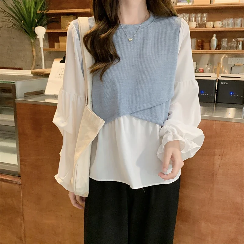 Pink Women Shirts Korean Sweet Patchwork Lantern Sleeve Female Blouse Autumn New Ruffles Preppy Style Ladies Casual Tops