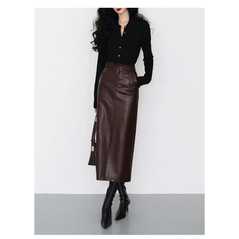 Front Split-ended PU Leather Skirt  2026 New Spring and Autumn Medium and Long Temperament Hip Skirt Coffee Half Skirt