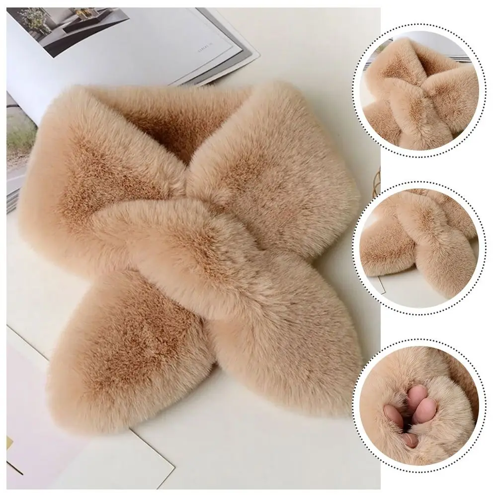 Cute Solid Color Cross Scarf Faux Rabbit Fur Plush Thicken Neck Scarf Neckerchief Wrap Women