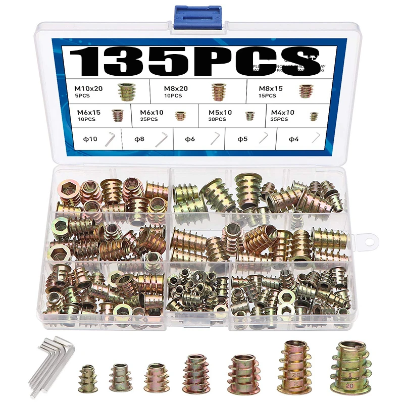 Electrapick 135pcs M4/M5/M6/M8/M10 Hex Socket Screw Inserts Threaded Nuts Type D Nuts Assortment Tool Kit for Wood Furniture