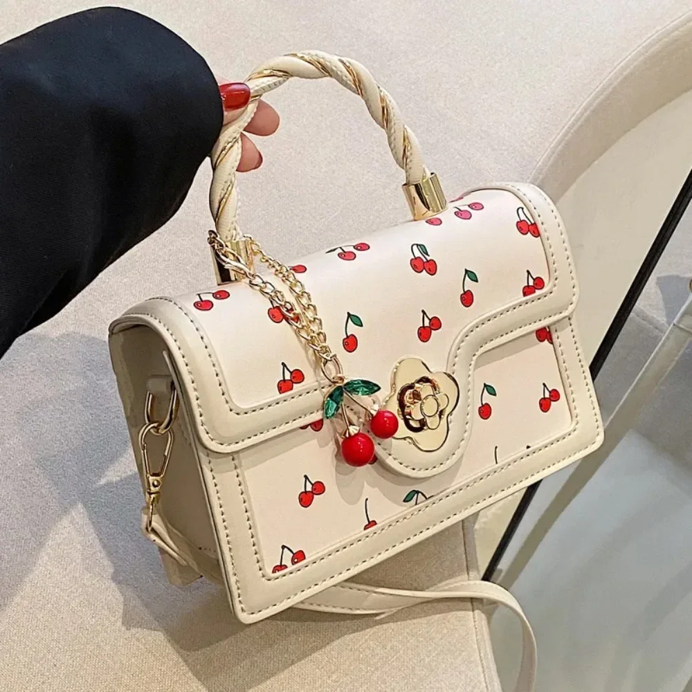 Sweet Cute Cherry Square Chains Crossbody Bags for Woman Luxury Designer Brand PU Leather Casual New Female Elegant Shoulder Bag