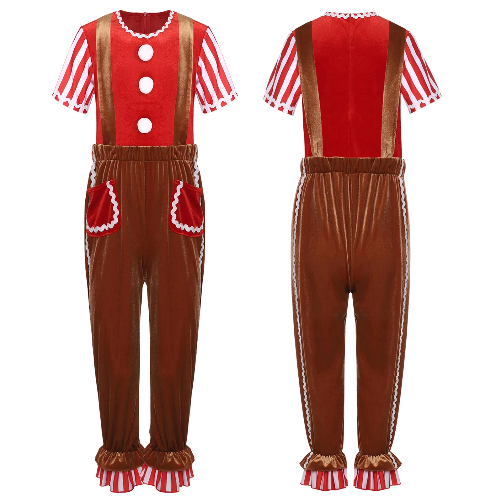 Disfraz de hombre de jengibre para niños y niñas, camiseta a rayas de terciopelo, pantalones con tirantes, ropa de Cosplay para fiesta temática de Navidad y Halloween