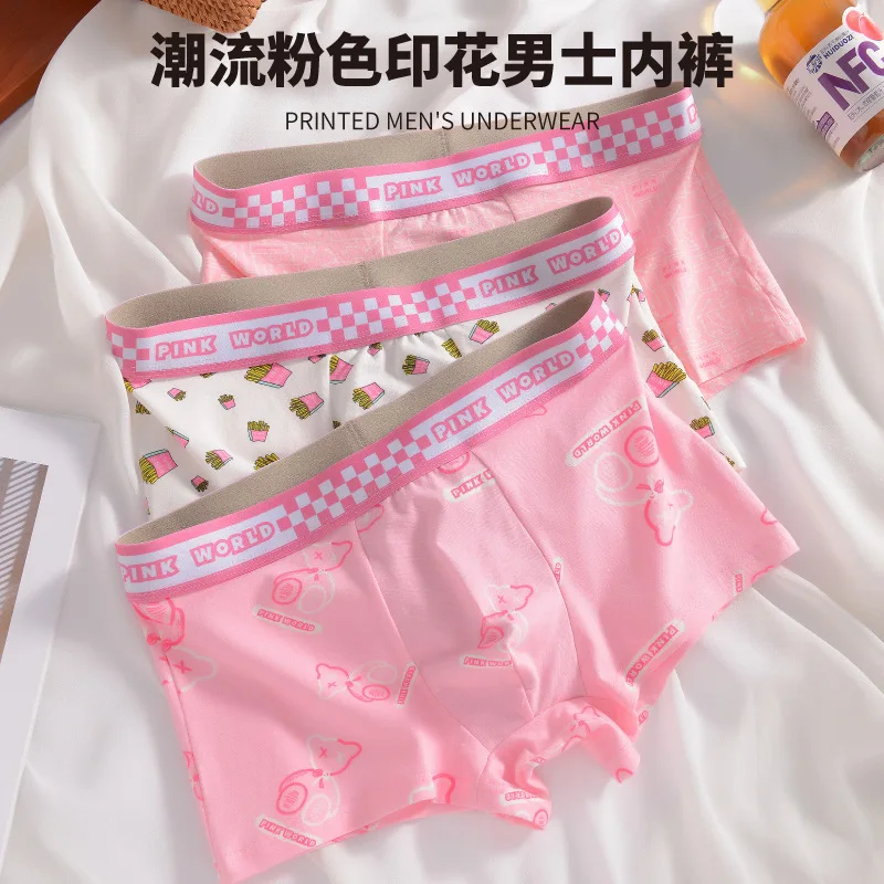 

Men's Soft Cotton Boxer Shorts Korean Youth Boys' Cute Cartoon Print Pink Underwear Comfortable Low Rise Bugle Pouch Underpant