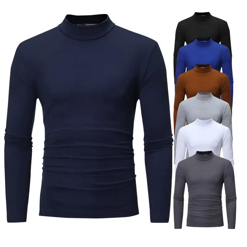 Fashion Men\'s Casual Slim Fit Basic Turtleneck Cotton T-Shirt High Collar Pullover Male Autumn Spring Thin Tops Basic Bottoming