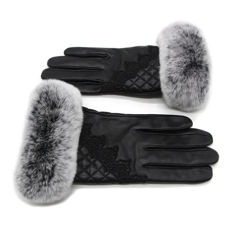 Sheepskin Rabbit Fur Gloves for Women In Winter Sheepskin Fur Integrated Double Warmth Touchscreen Split Finger Gloves
