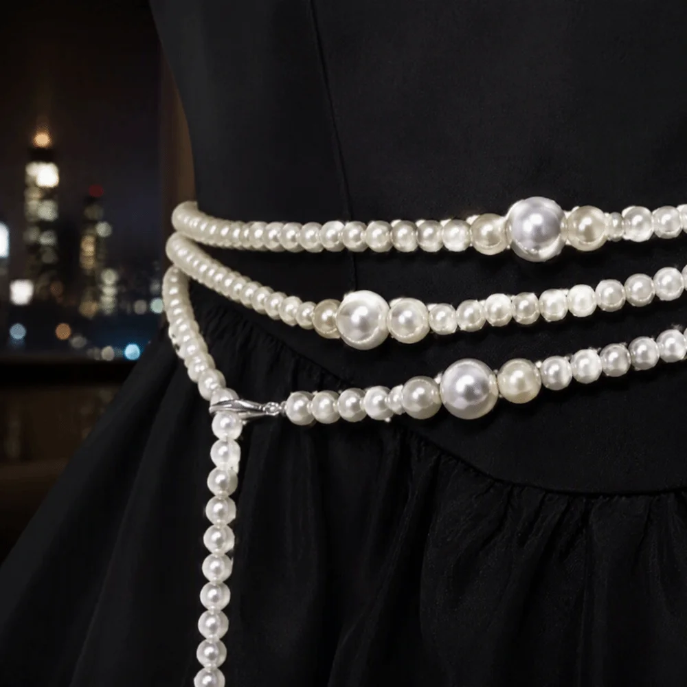 Multilayer Design Pearl Waist Chain Imitation Pearl Embellished Detail Multilayer Waist Chain Adjustable Chain Metal Accessory