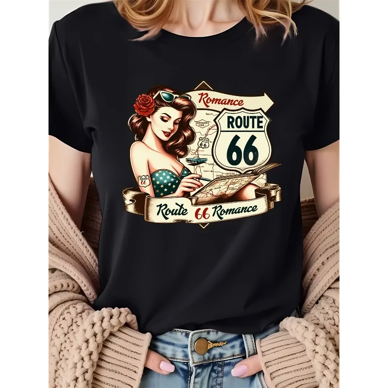 Women's Route 66 Romance Vintage Graphic T-Shirt - Retro Pin-Up & Americana Road Trip Design,