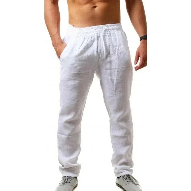 Picture 7: M-4XL Solid Color Pocket Drawstring Loose Straight Men's Pants Casual, Breathable and Comfortable Cotton and Linen Summer Pants