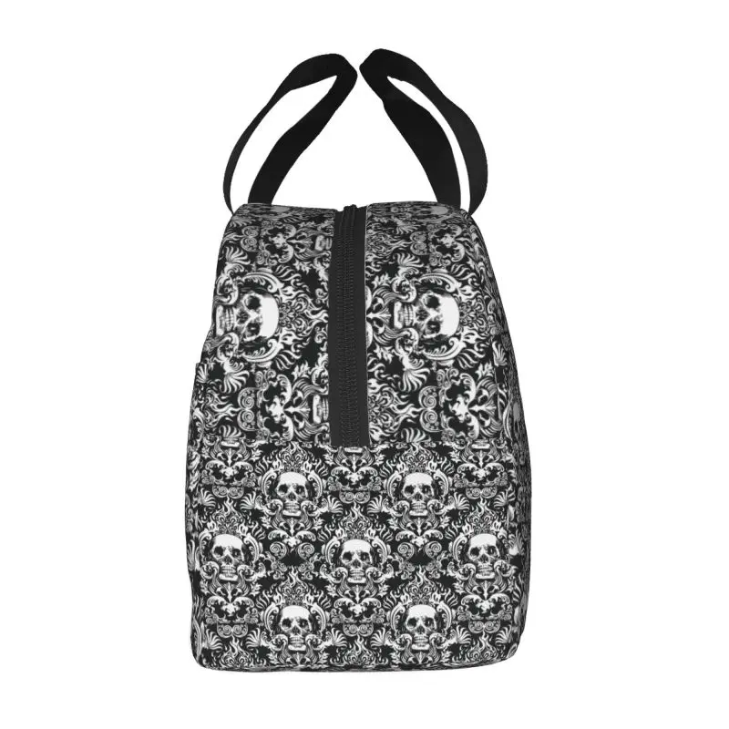 Halloween Victorian Gothic Skull Damask Lunch Bag Reusable Cooler Thermal Insulated Lunch Tote For Women Storage Food Bento Box