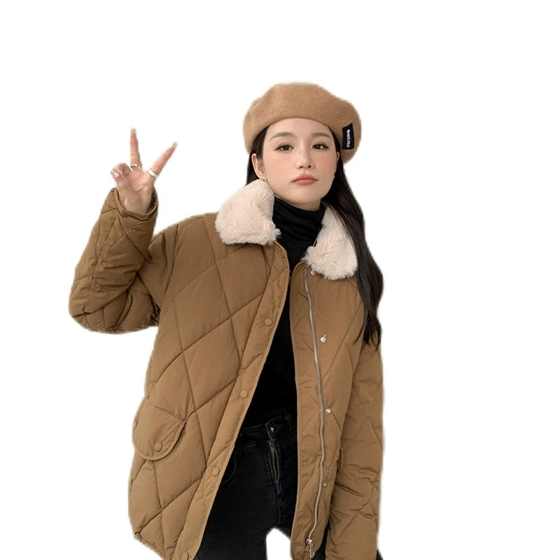 Women Cotton Clothing Autumn Winter Splicing Lamb Wool Collar Lightweight Cotton Padded Jacket Korean Casual Warm Female Outwear