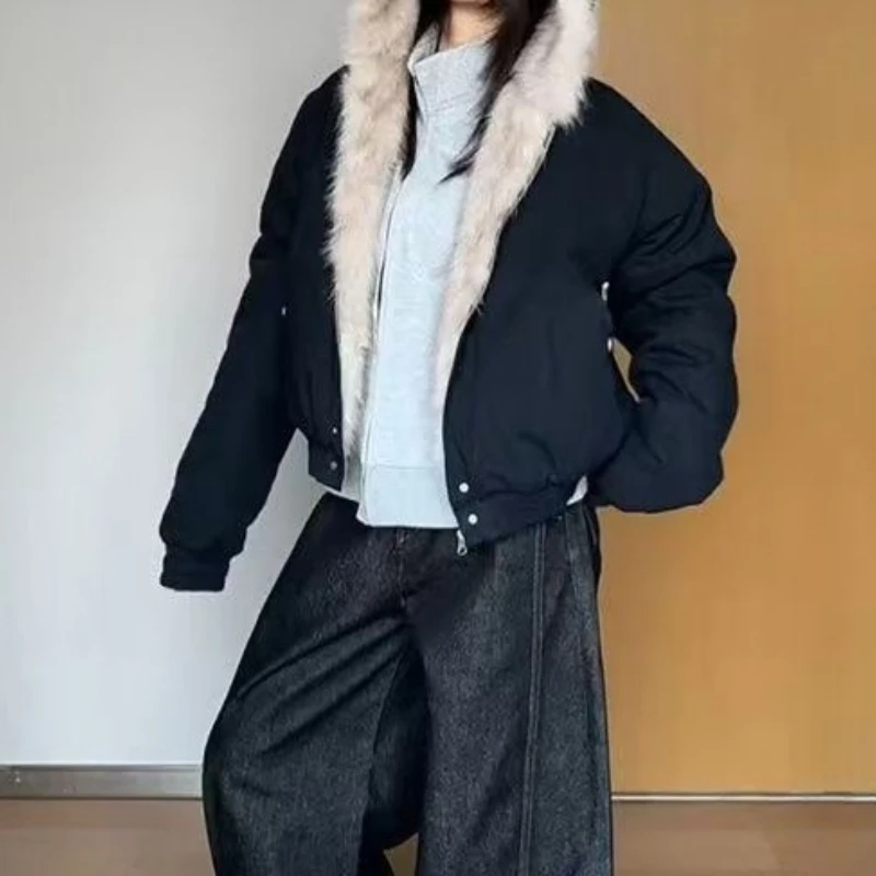 

Winter Retro Fur Collar Women Padded Hooded Cotton-Padded Jacket Plush Casual Street Harajuku Coat 2025 Outwear
