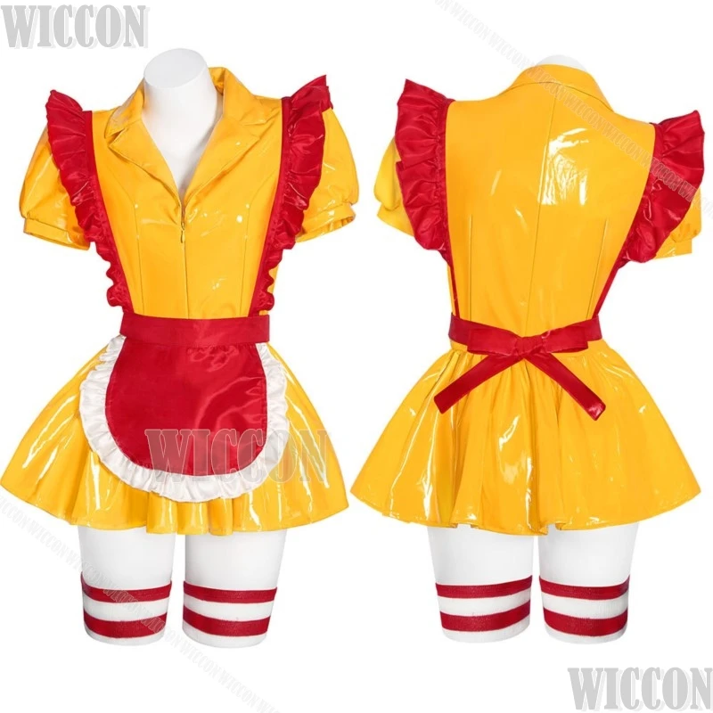 웨이트리스 의상 섹시 맥스 걸 코스프레 의상 섹시한 노란색 광택 드레스 빨간 앞치마 모자 양말 소녀 의상 할로윈 카니발 의상