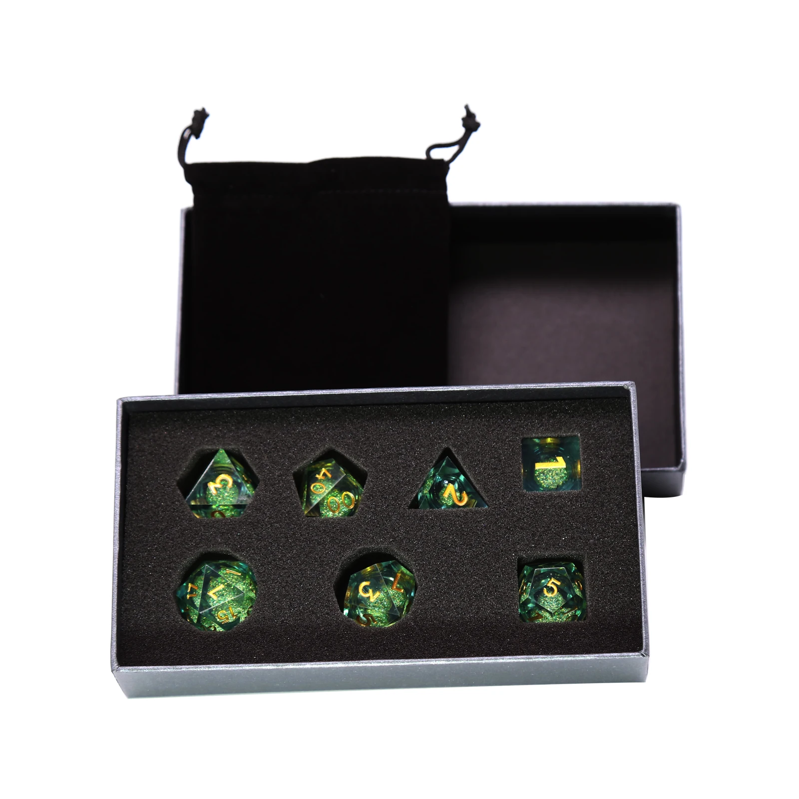 

7Pcs Green Golden Quick Sand Resin DND Sharp Edge Dice Set for Dungeon and Dragon RPG Board Game Role-playing D&D dice D4 D6~D20