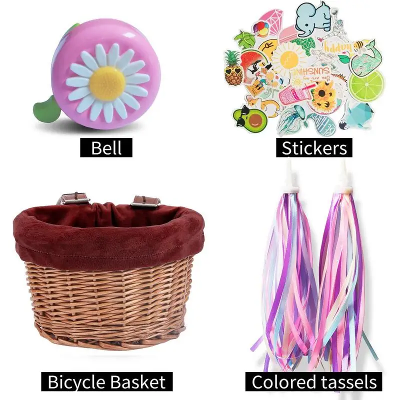 Bicycle Basket For Kids Bike Scooter Baskets With 2 Leather Straps Detachable Wicker D-shaped Waterproof Handmade Storage Basket