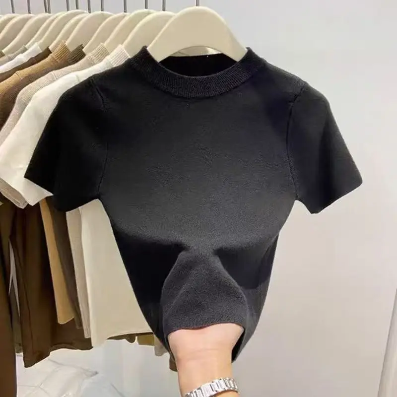 

Slim Fit round Neck Knitted Short Sleeve T-Shirt Women's Summer Casual Versatile Pullover Top Comfortable Soft Medium Thickness