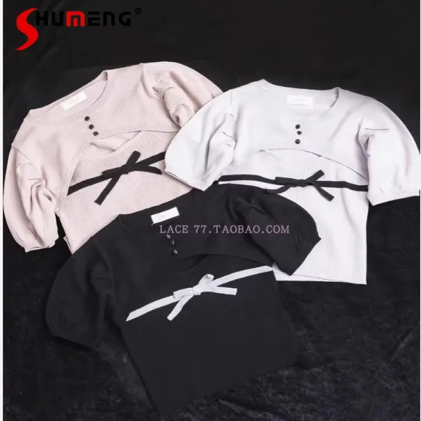 

Japanese Sweet Elegant Sweet Sling Top Vest Two-Piece Set 3D Bow Round Neck Puff Sleeve Versatile Knitted T-Shirts Women Summer