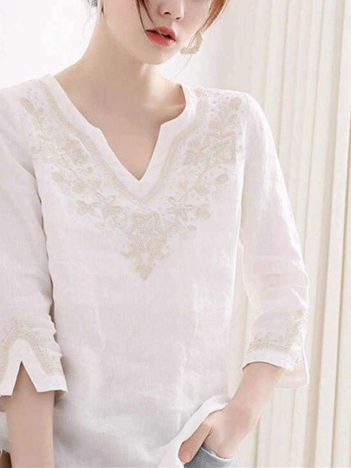 

Summer Loose Cotton Linen irt Women's Design Sensation Lightweight Maturi White Seven Sve Loose Blouse Women's Top