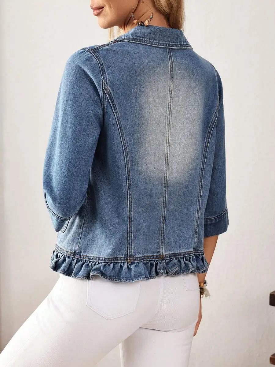 

Womens Turn-Down Collar 3/4 Sleeve Ruffle Hem Casual Denim Jacket