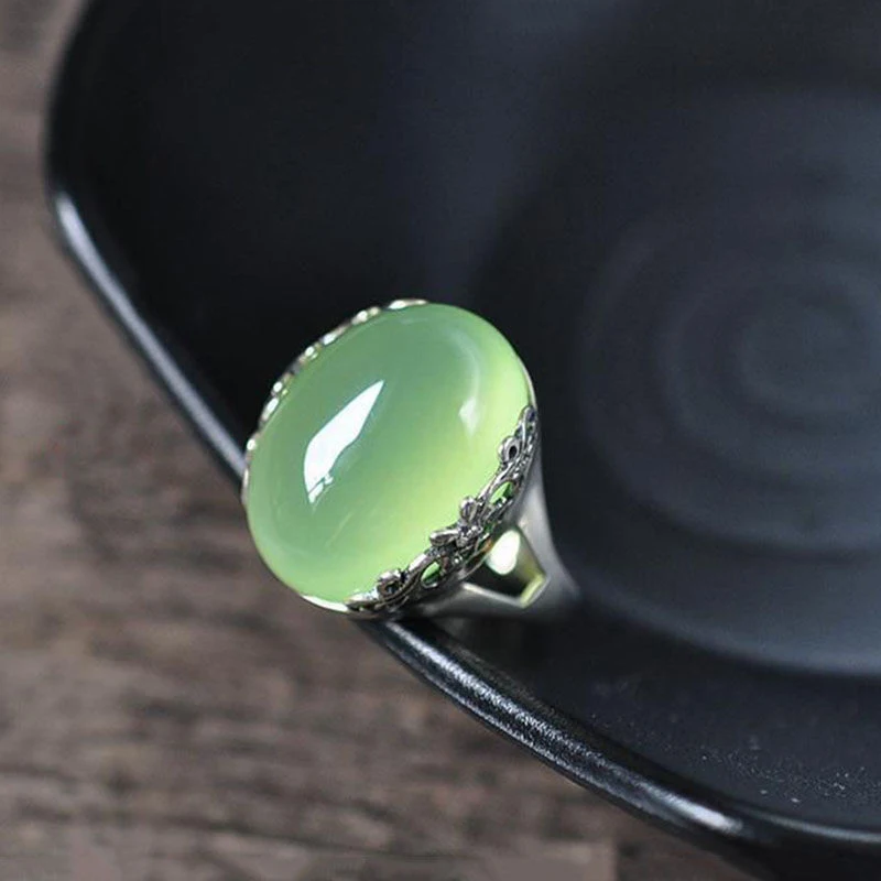 

New Silver Original Inlaid Green jade Ring Female Models Chinese Retro Atmosphere Pigeon Egg Light Luxury Women's Gift