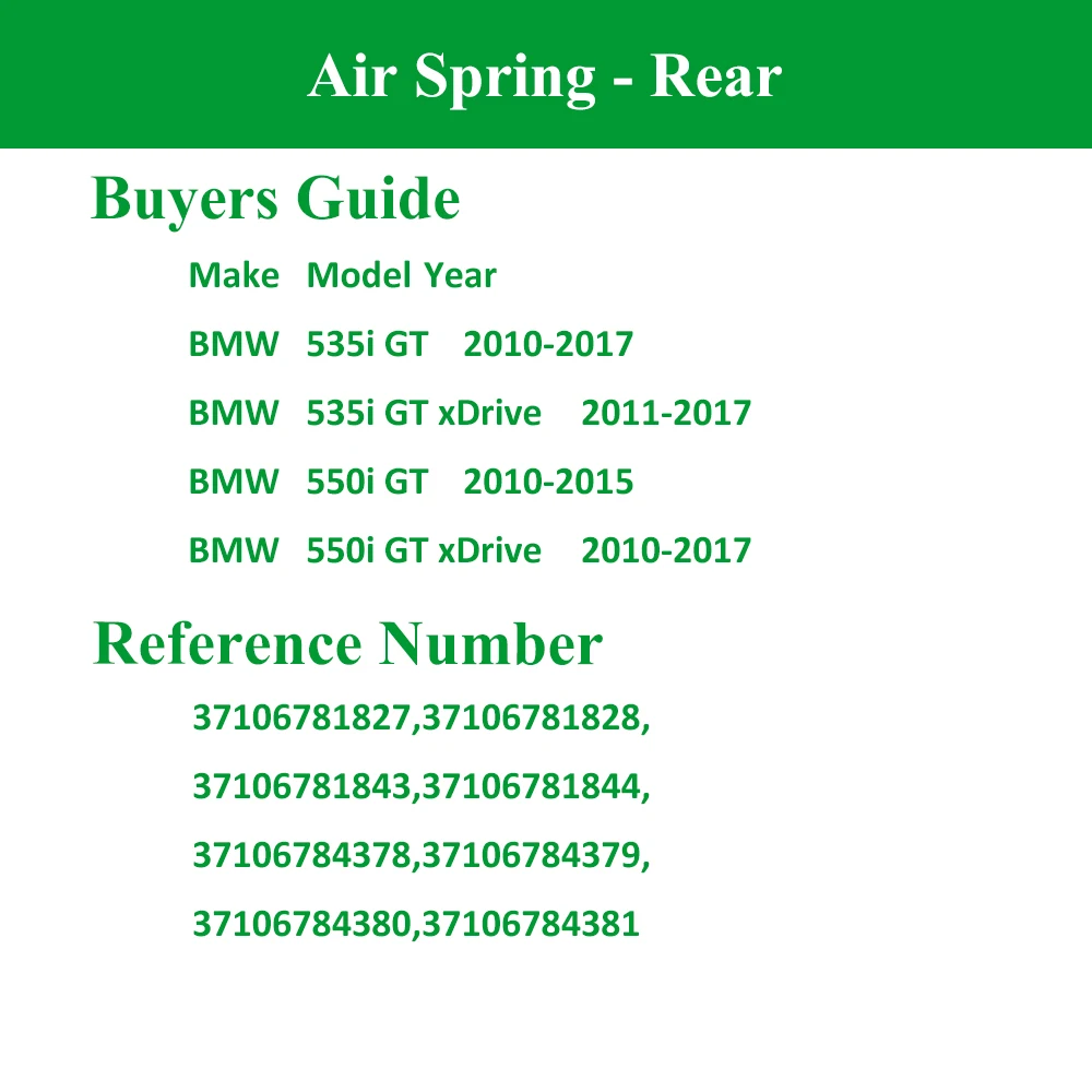 1PC Rear Suspension Air Spring For 2009-2017 BMW 5 Series F07 (Gran Turismo) 535i 550i GT xDrive & & F11 (Wagon) w/Auto-Leveling