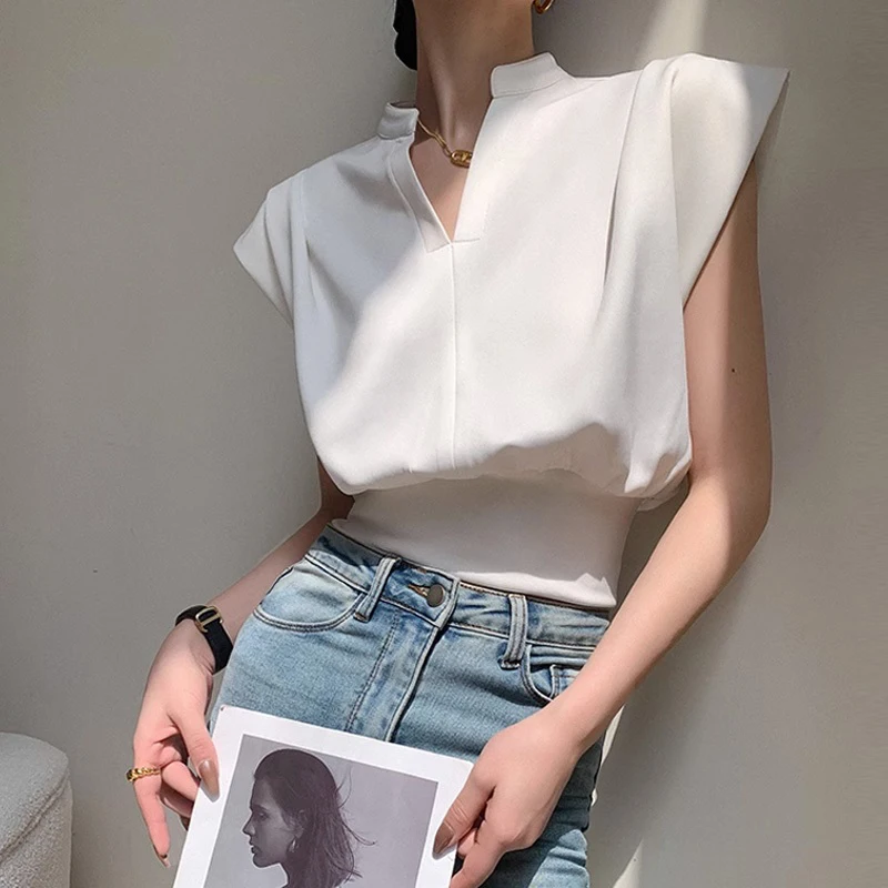 

QOERLIN V-Neck Stand Collar Sleeveless Tank Tops Women 2024 New Slim Waist Loose Casual Cropped Tops Fashion Short T-Shirts