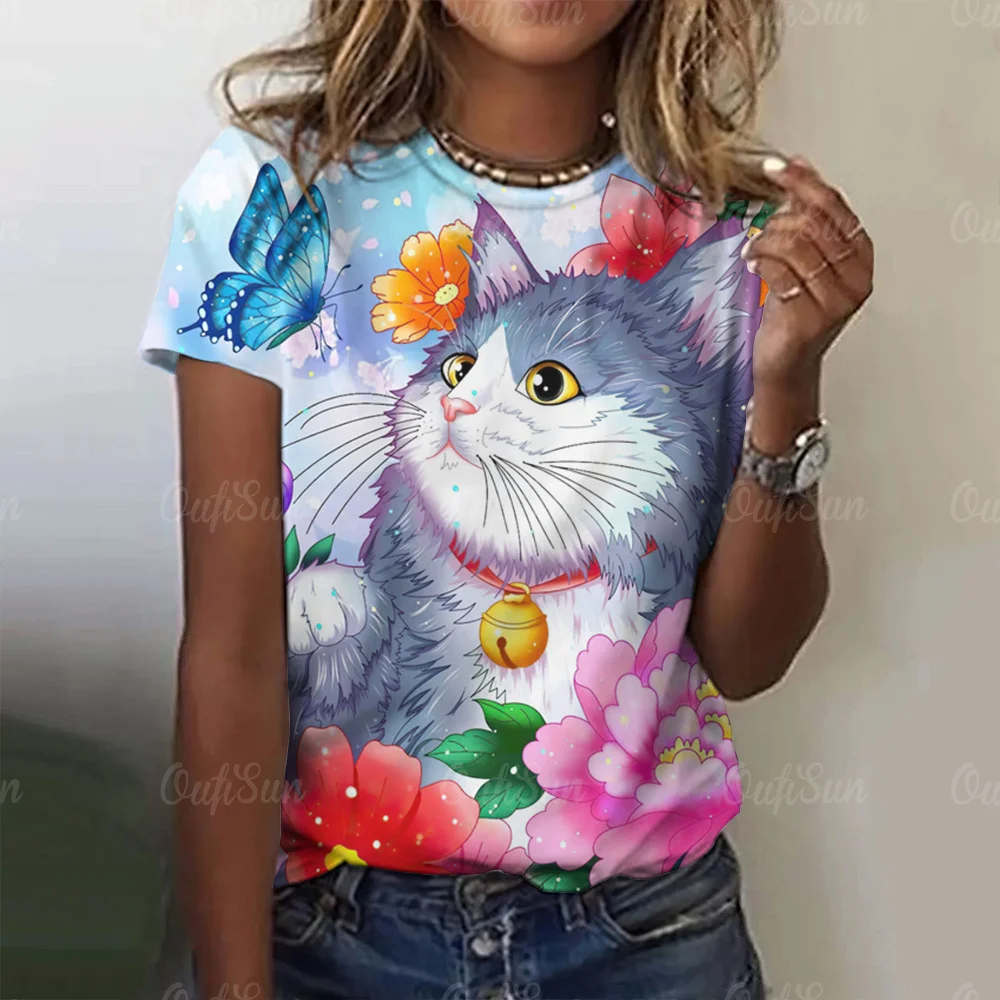 

3d Funny Cat Print Womens T-Shirt Tops 2023 Summer Fashion Tees Harujuku Animal Short Sleeve T Shirts Y2k Loose Laides Clothing