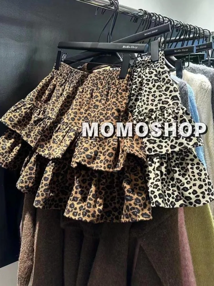 Gaganight Corduroy High Waist Leopard Print Cake Skirts 2024 Autumn New High Street Sweet Cool Small Pleated Puffy Bottoms