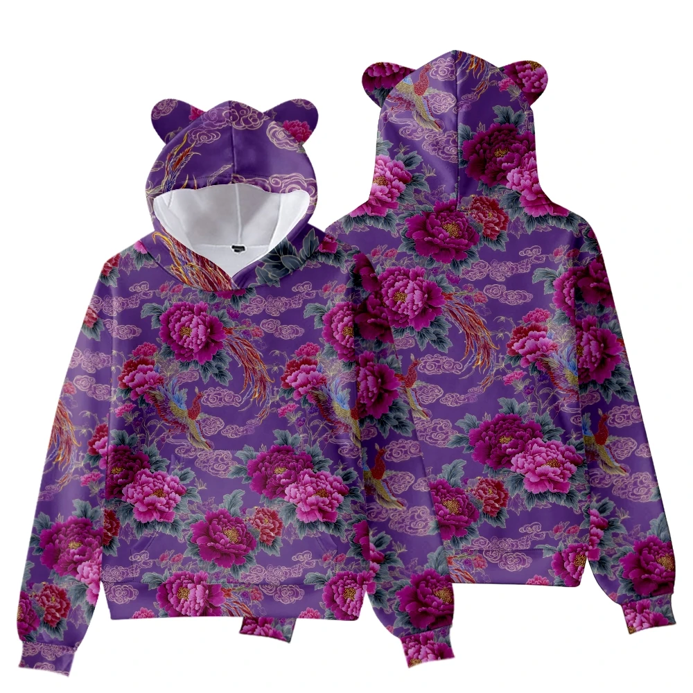Women's Cute Bear-Ear Hoodie Floral Print Soft Casual Loose-Fit Sweatshirt Cozy Botanical Pattern Pullover for Daily Loungewear