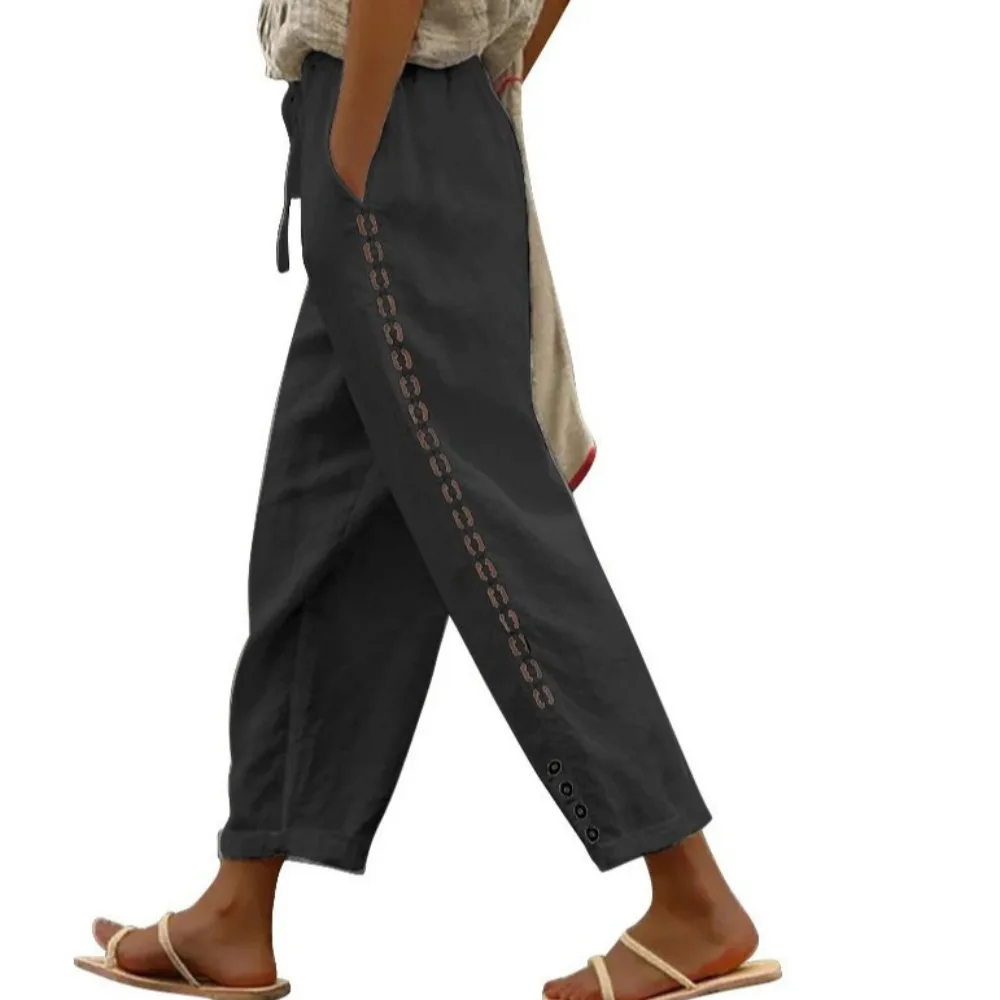 Women Cotton Linen Pants Straight Leg Ankle Length Patchwork Solid Color High Waist Loose Fit Breathable Soft Flattering Daily