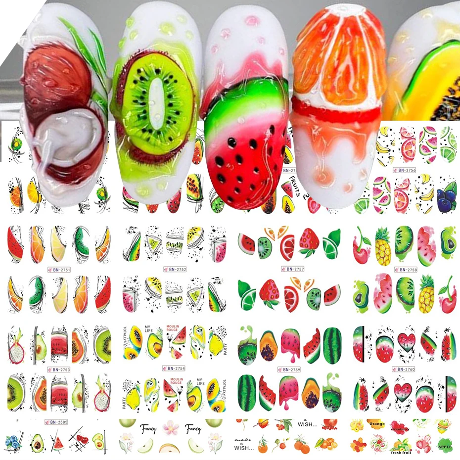 12pcs Watermelon Summer Fruit Nail Water Decals Geometry Lemon Papaya Cherry Design Water Transfer Sliders Tattoo Wraps Manicure