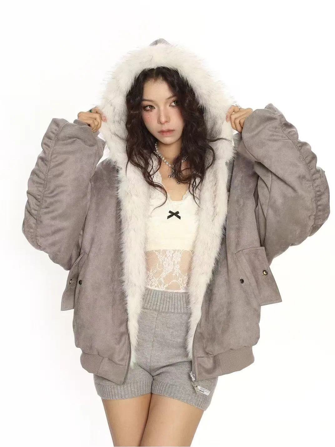 Women  Faux Leather Coat Winter American Retro Fur Coat Women Padded Hooded Cotton-Padded Jacket Plush Casual Harajuku Oversize